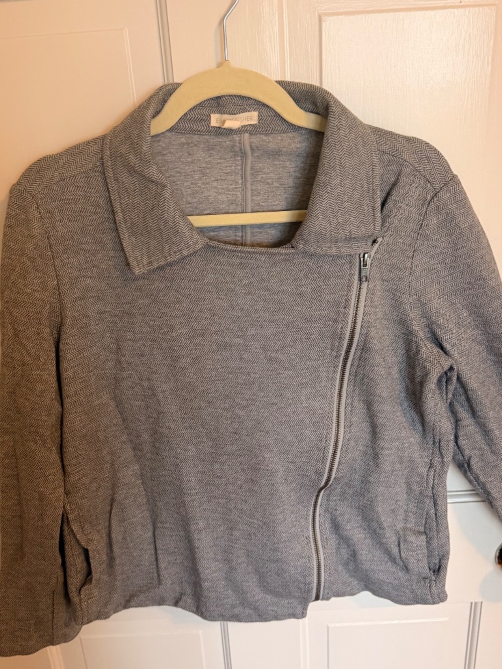 Eileen Fisher Gray Herringbone Knit Moto Jacket Size L Asymmetric Zip